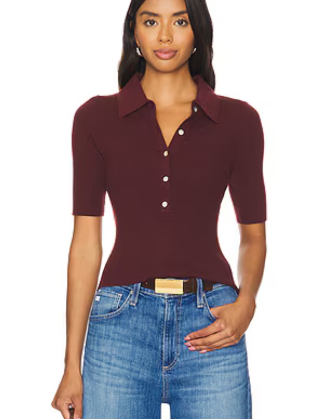 525 America Ginny Short Sleeve Johnny Collar Top in Oxblood, Size XS